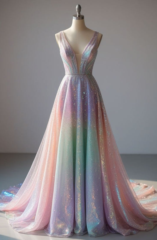 Glamour Colorful V-neck A-Line Quinceañera Dress Glitter Tulle Long Prom Dresses, Sweet 16th Birthday Dress ED03340