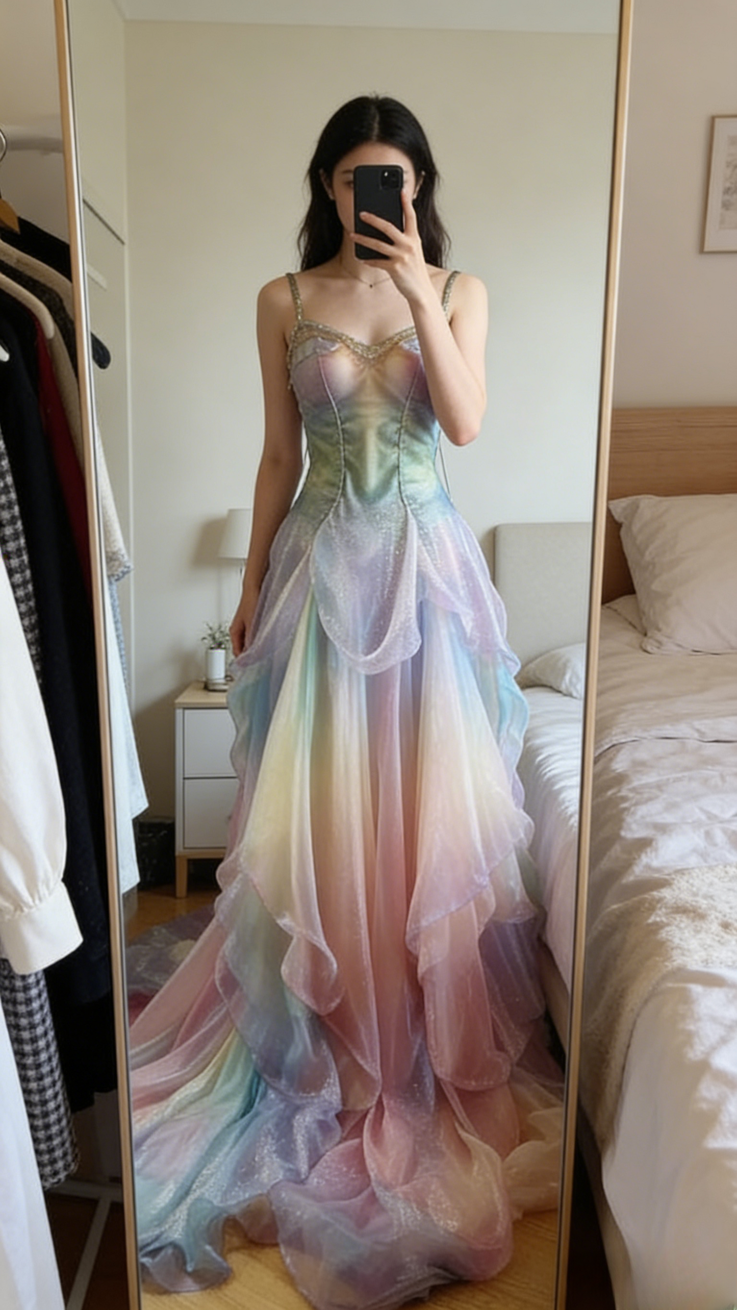 Gorgeous Colorful Spaghetti Strap A-Line Tulle Long Prom Dresses, Stunning Glitter Wedding Dresses ED03344