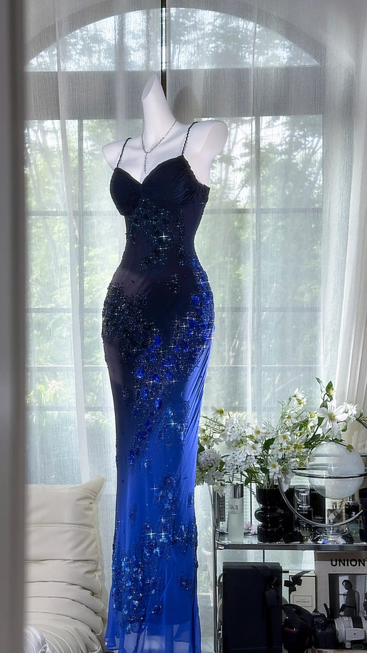 Glamour Navy Blue Spaghetti Straps Sheath Beaded Chiffon Long Prom Dresses, Vintage Evening Gowns ED03349