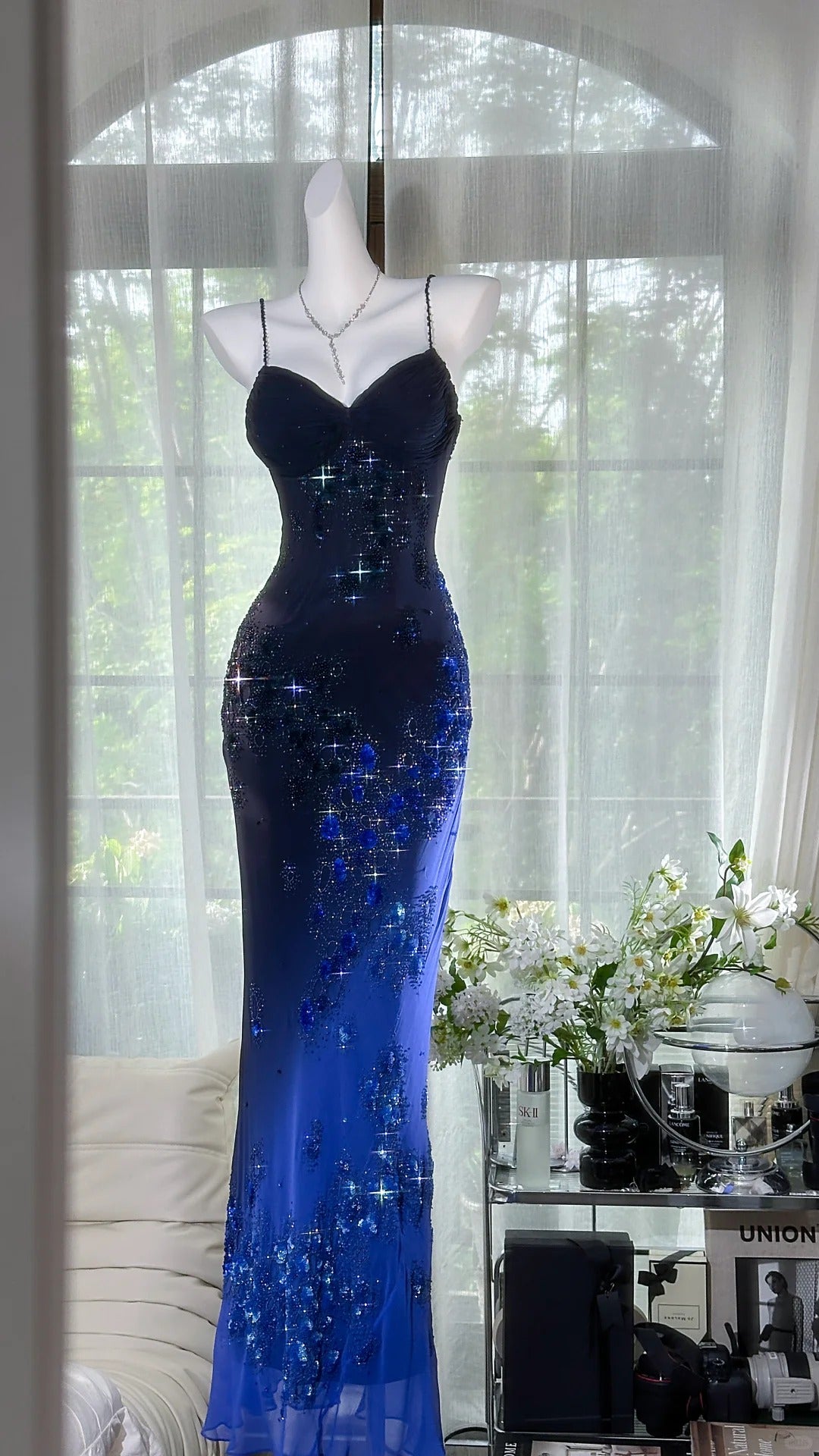 Glamour Navy Blue Spaghetti Straps Sheath Beaded Chiffon Long Prom Dresses, Vintage Evening Gowns ED03349