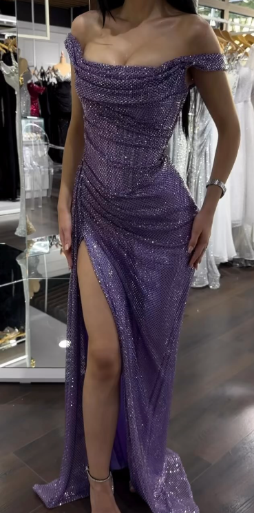 Glamour Purple Sheath Off Shoulder Glitter Long Prom Dresses, Formal Evening Dresses with Slits ED03351