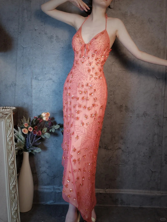Vintage Dark Peach Sheath Chiffon Beaded Prom Dresses, V-Neck Glamour Evening Gowns ED03353