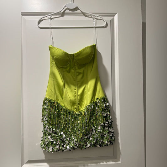 Chic Green Strapless Bodycon Satin Short Party Dresses, Fashion Birthday Dresses with Sequins ED03365