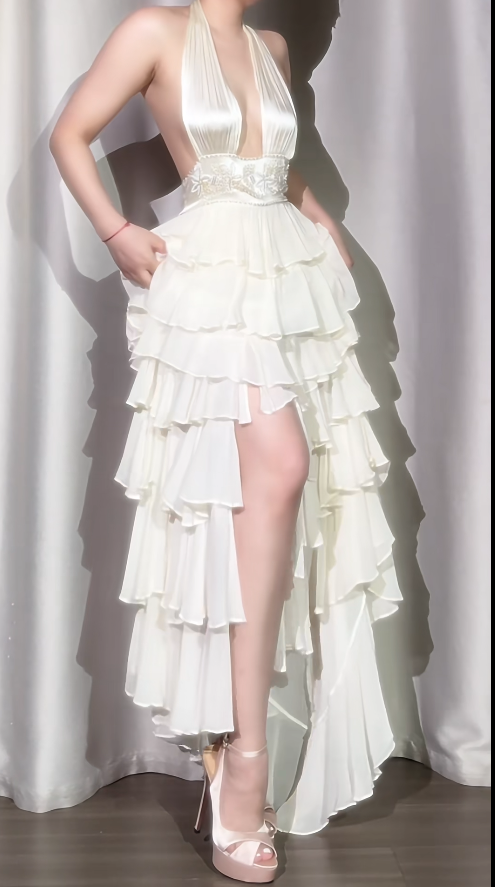 Classic Off-White Halter Neck A-Line Layered Chiffon Long Prom Dresses, Elegant Backless Evening Gowns ED03372