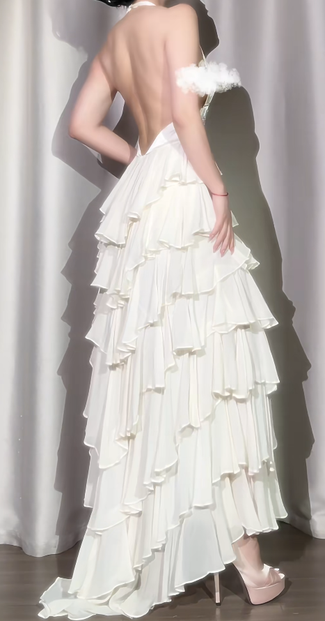 Classic Off-White Halter Neck A-Line Layered Chiffon Long Prom Dresses, Elegant Backless Evening Gowns ED03372
