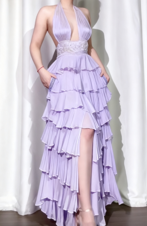 Classic Off-White Halter Neck A-Line Layered Chiffon Long Prom Dresses, Elegant Backless Evening Gowns ED03372