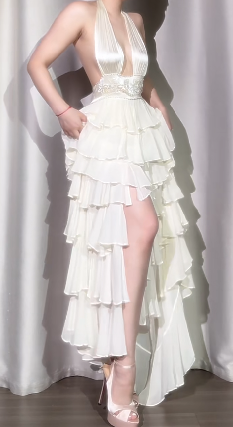 Classic Off-White Halter Neck A-Line Layered Chiffon Long Prom Dresses, Elegant Backless Evening Gowns ED03372
