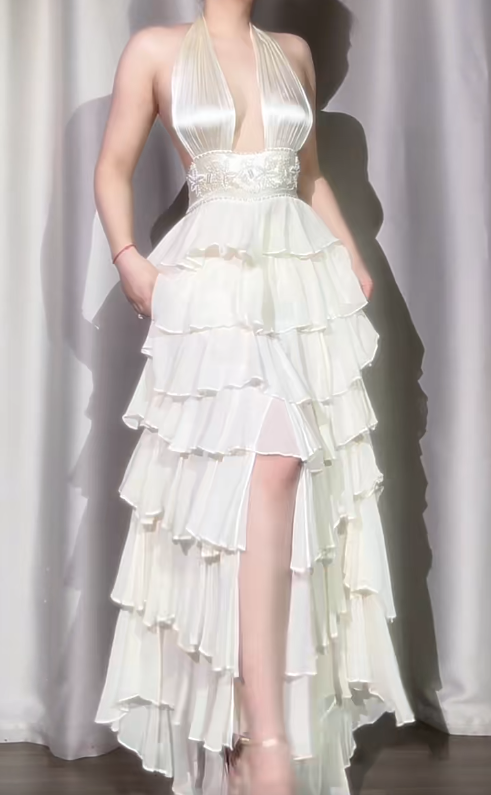 Classic Off-White Halter Neck A-Line Layered Chiffon Long Prom Dresses, Elegant Backless Evening Gowns ED03372