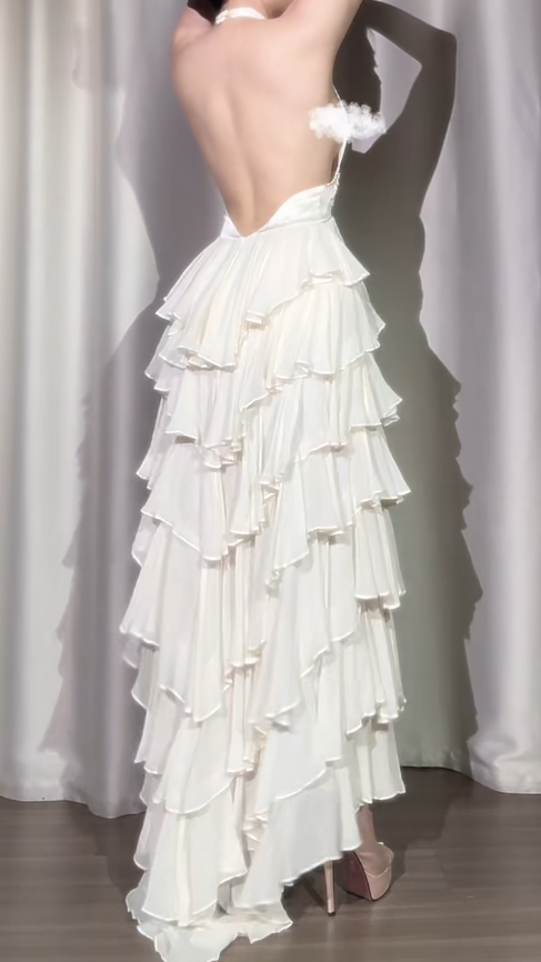 Classic Off-White Halter Neck A-Line Layered Chiffon Long Prom Dresses, Elegant Backless Evening Gowns ED03372