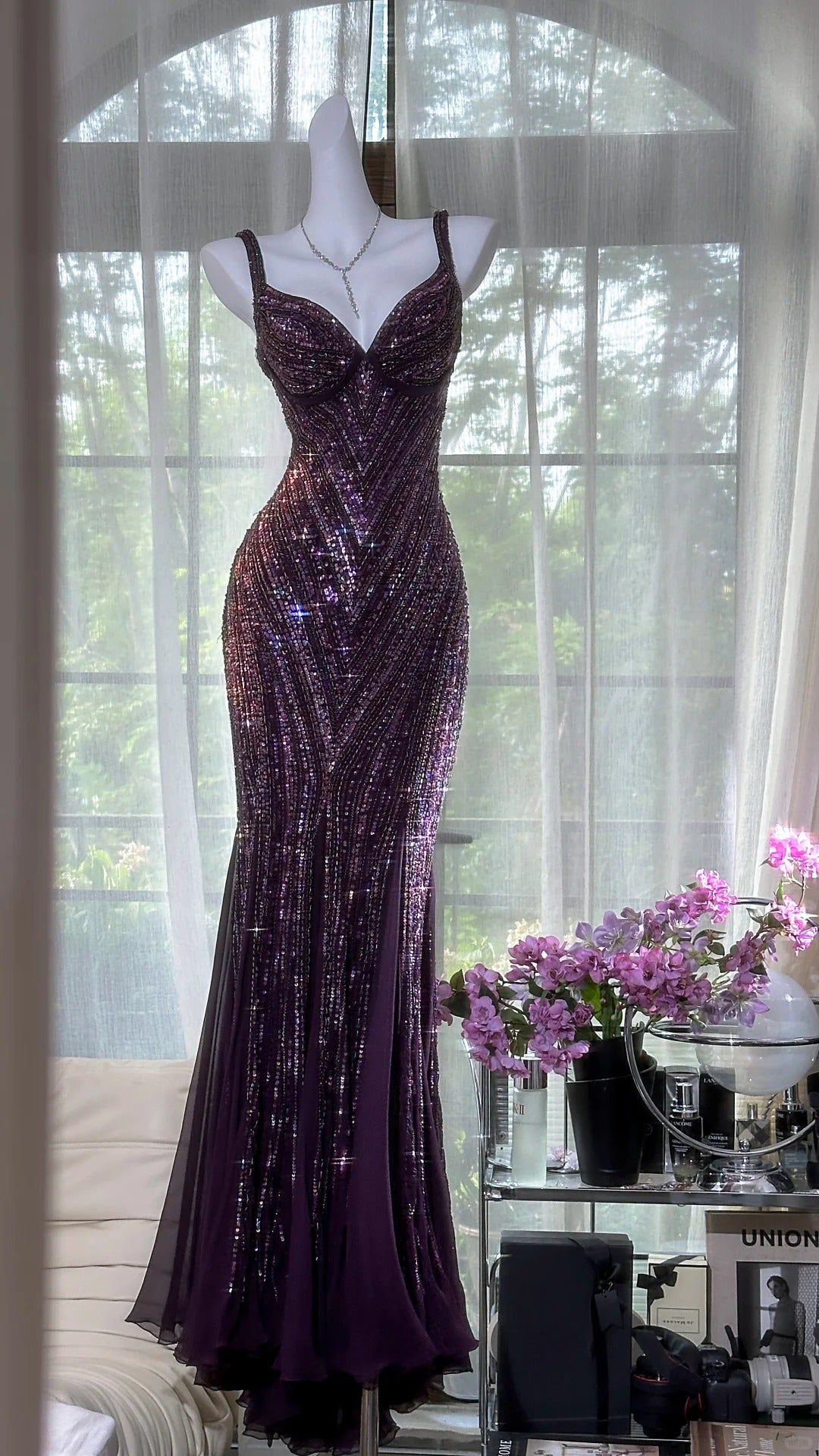 Glamour Dark Purple Guest Dresses V-Neck Mermaid Beaded Chiffon Long S EvaFashionDress Glamour Dark Purple Guest Dresses V-Neck Mermaid Beaded Chiffon Long S EvaFashionDress
