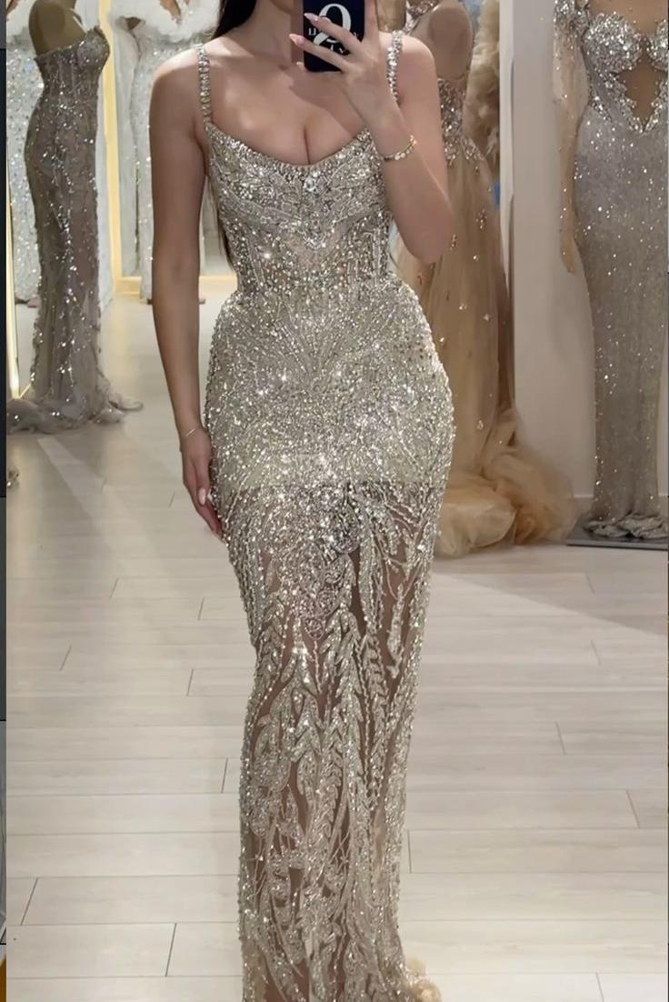 Stunning Champagne Gold Sheath Tulle Sequin Beading Long Prom Dresses, Spaghetti Strap Formal Evening Gowns ED03382
