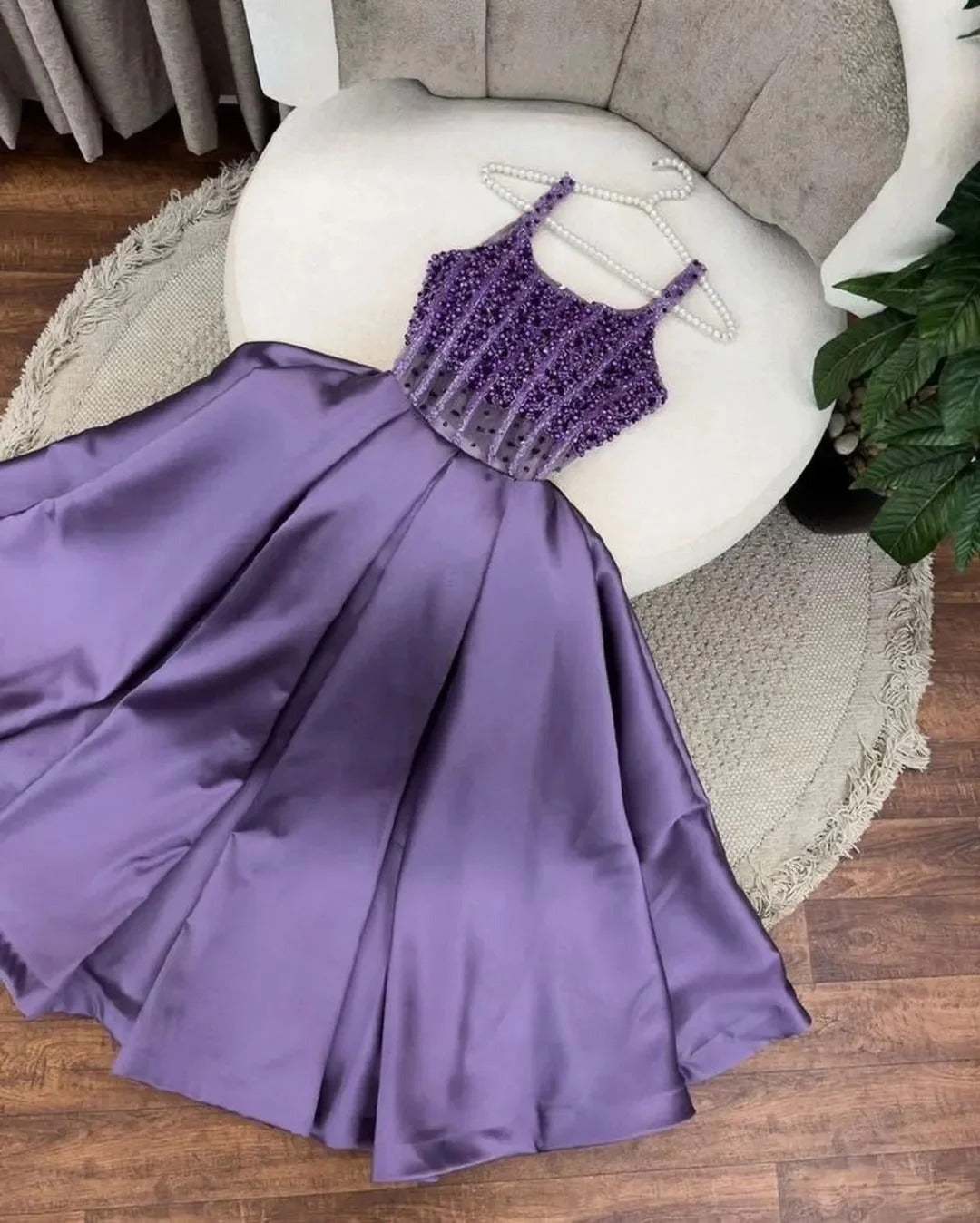 Glamour Purple Spaghetti Strap A-Line Beaded Satin Long Prom Dresses, Sweet Birthday Party Outfit ED03386