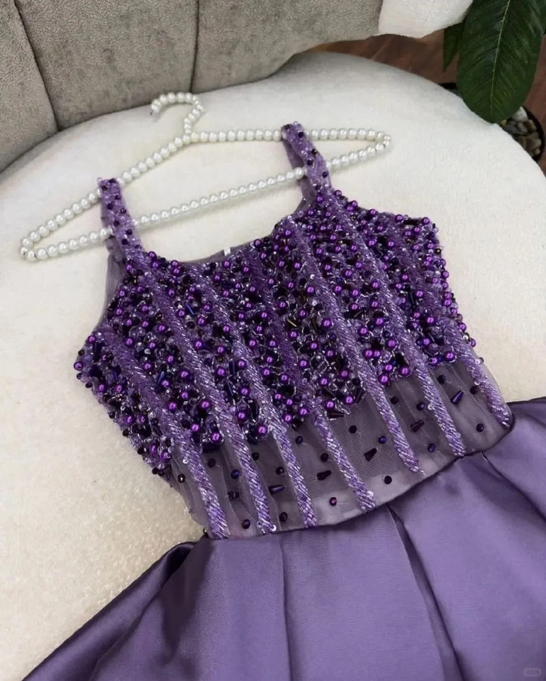 Glamour Purple Spaghetti Strap A-Line Beaded Satin Long Prom Dresses, Sweet Birthday Party Outfit ED03386