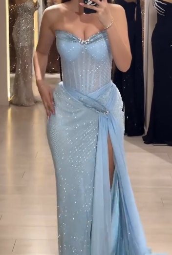 Sky Blue Strapless Sheath Lace Tulle Long Prom Dresses