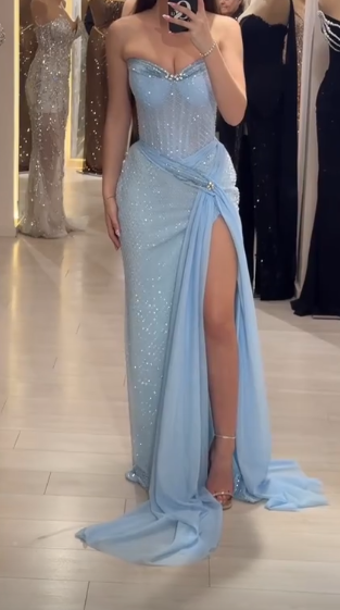 Sky Blue Strapless Sheath Lace Tulle Long Prom Dresses