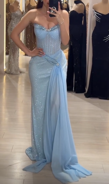 Sky Blue Strapless Sheath Lace Tulle Long Prom Dresses