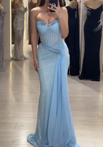Sky Blue Strapless Sheath Lace Tulle Long Prom Dresses