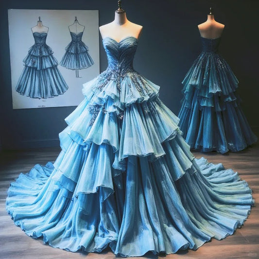 FStunning Blue Sweetheart Neck A-Line Layered Tulle Long Prom Dresses Quinceañera Dress ED03415