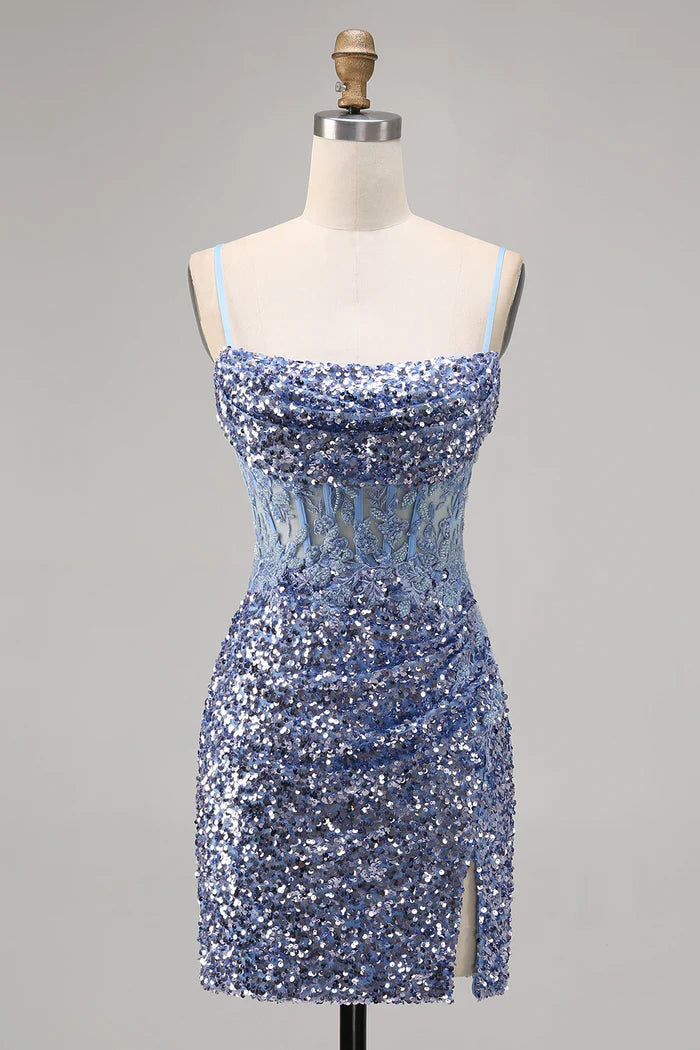 Sparkly Dusty Blue Spaghetti Strap Bodycon Sequin Short Homecoming Dress with Slits ED03443