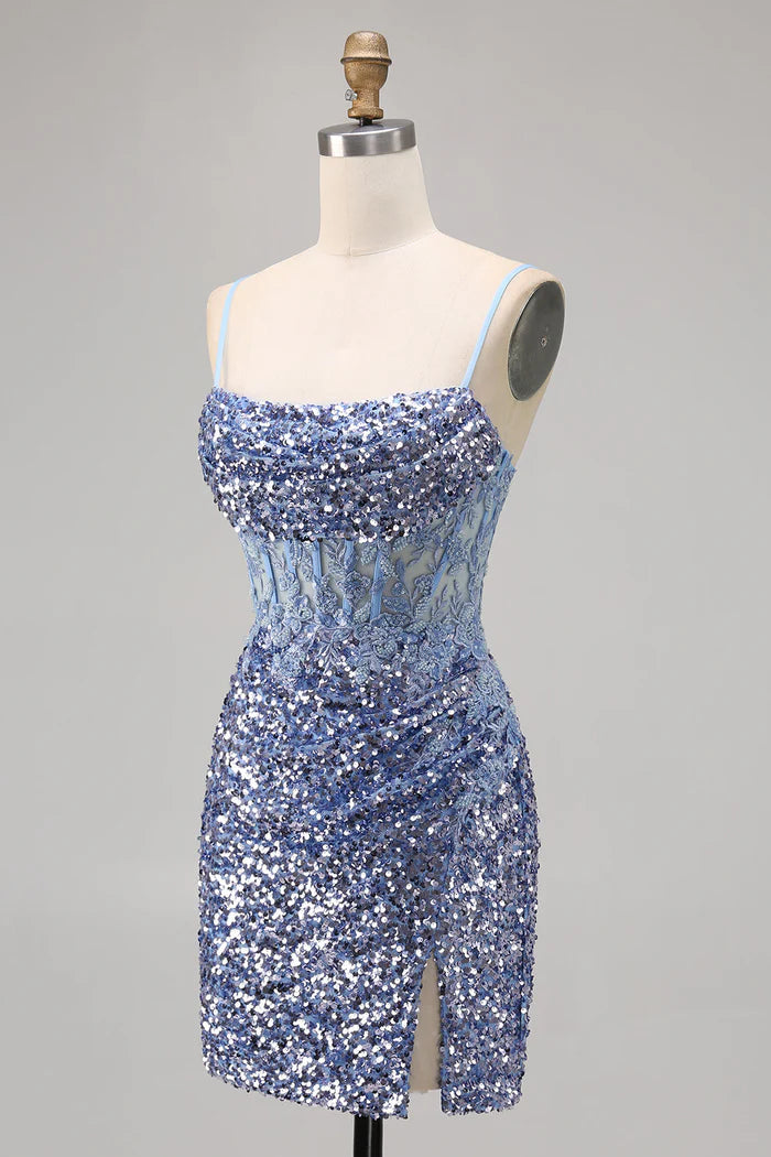 Sparkly Dusty Blue Spaghetti Strap Bodycon Sequin Short Homecoming Dress with Slits ED03443