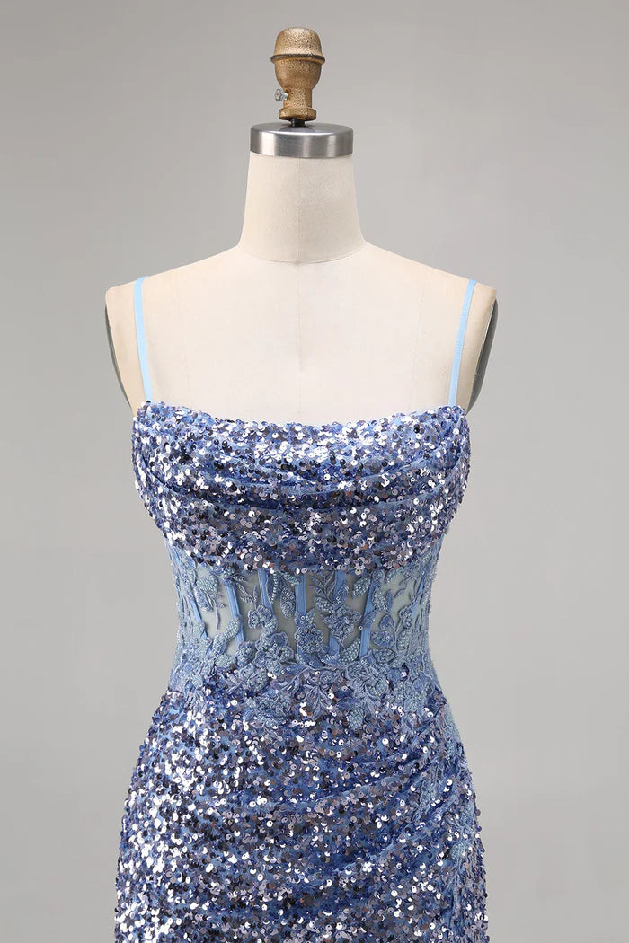 Sparkly Dusty Blue Spaghetti Strap Bodycon Sequin Short Homecoming Dress with Slits ED03443