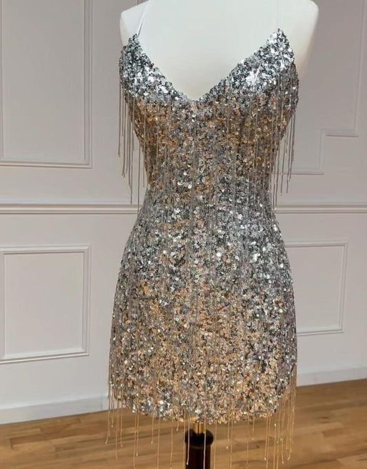 Sexy Silver V-neck Bodycon Sequin Short Party Dress Backless Homecoming Dress with Tassels ED03444