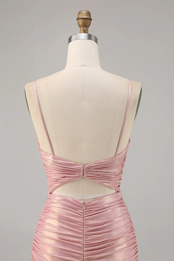 Sexy Pink Spaghetti Strap Bodycon Glitter Satin Backless Short Birthday Dress, Homecoming Dress ED03445