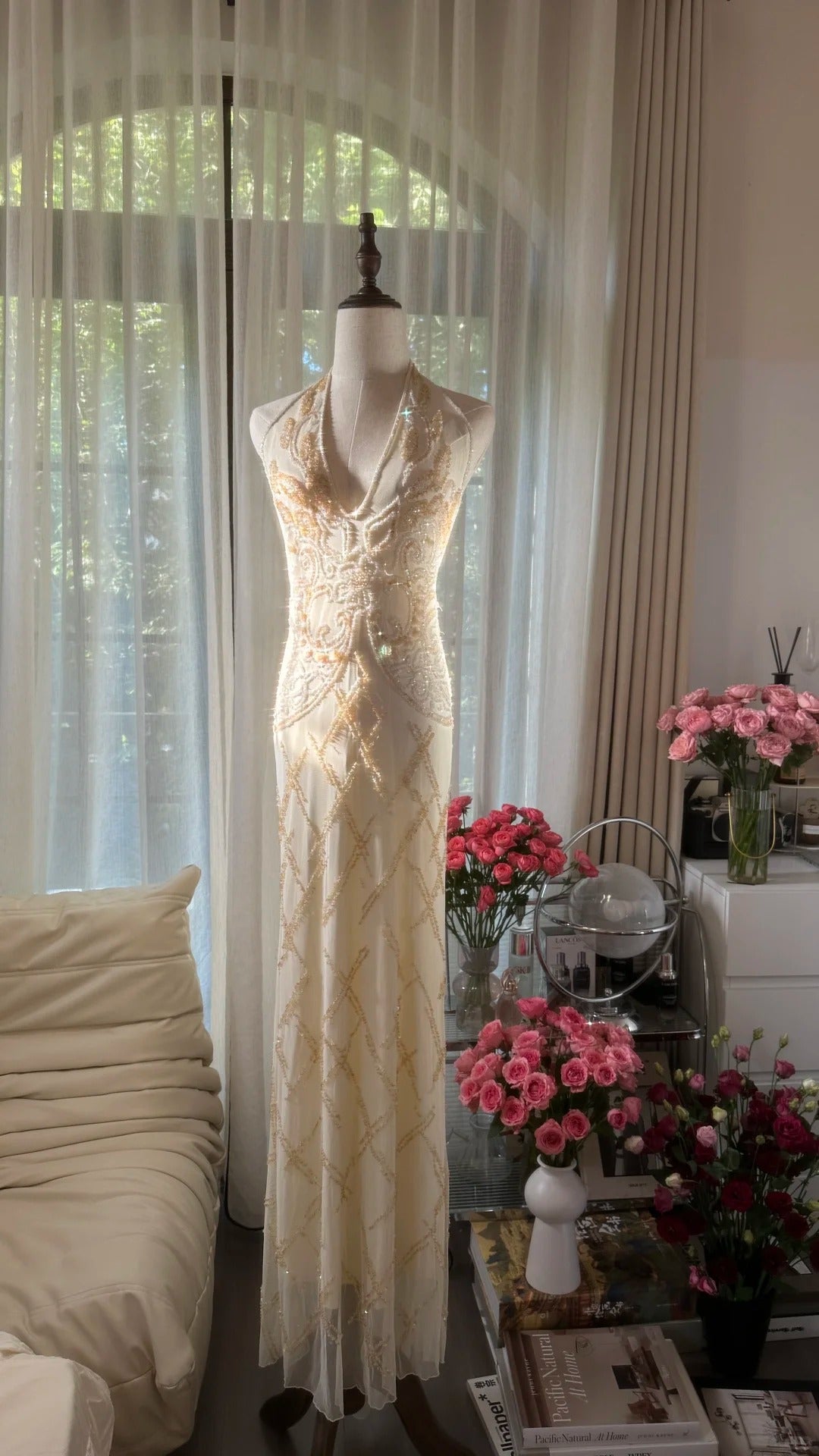 Vintage Off-White V-Neck Sheath Beaded Chiffon Long Backless Prom Dresses, Elegant Evening Gowns ED03451