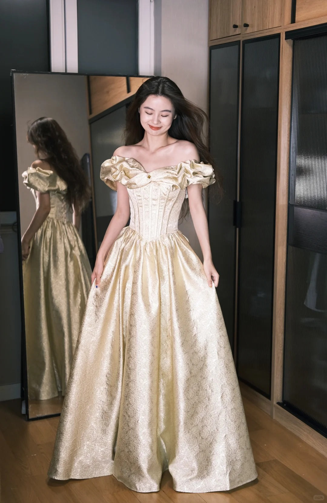 Classic Champagne Gold A-Line Off Shoulder Satin Long Prom Dresses Swe