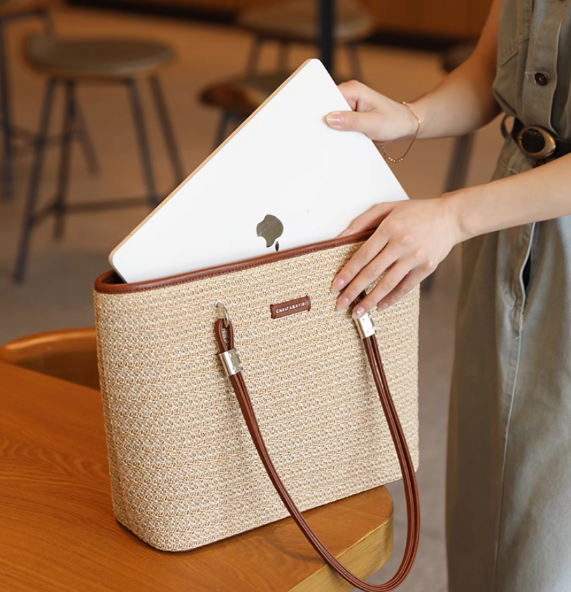 Large Capacity Beach Grass Woven Commuter shoulder bag ED0345