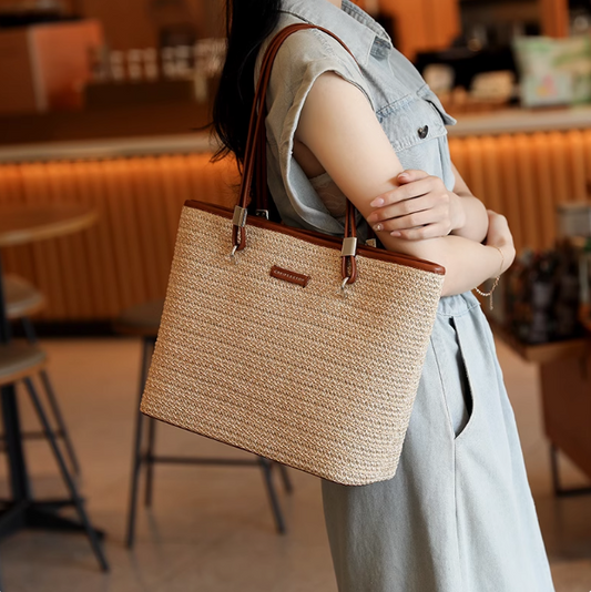 Large Capacity Beach Grass Woven Commuter shoulder bag ED0345