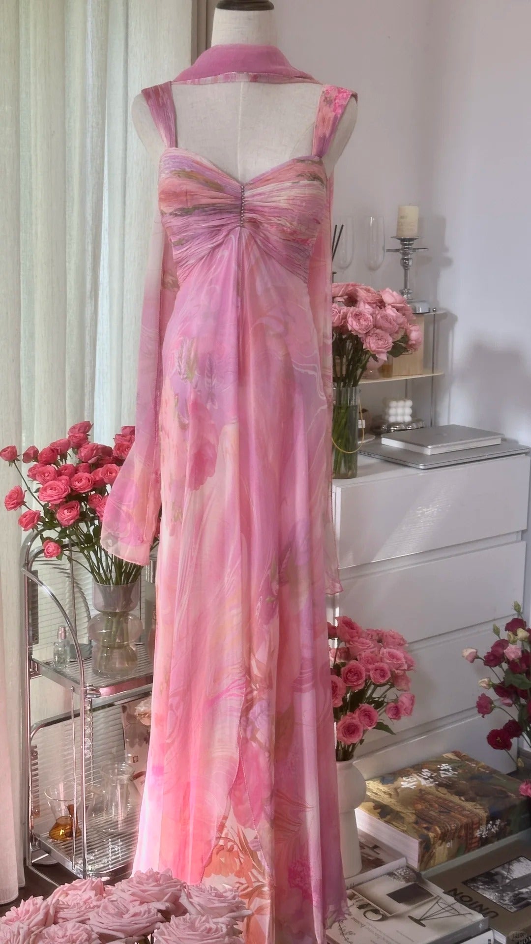 Elegant Pink Strap Sheath Print Chiffon Prom Dresses, Vintage Evening Gowns ED03462