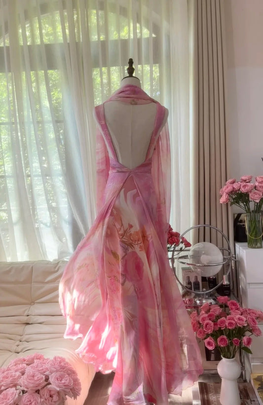 Elegant Pink Strap Sheath Print Chiffon Prom Dresses, Vintage Evening Gowns ED03462