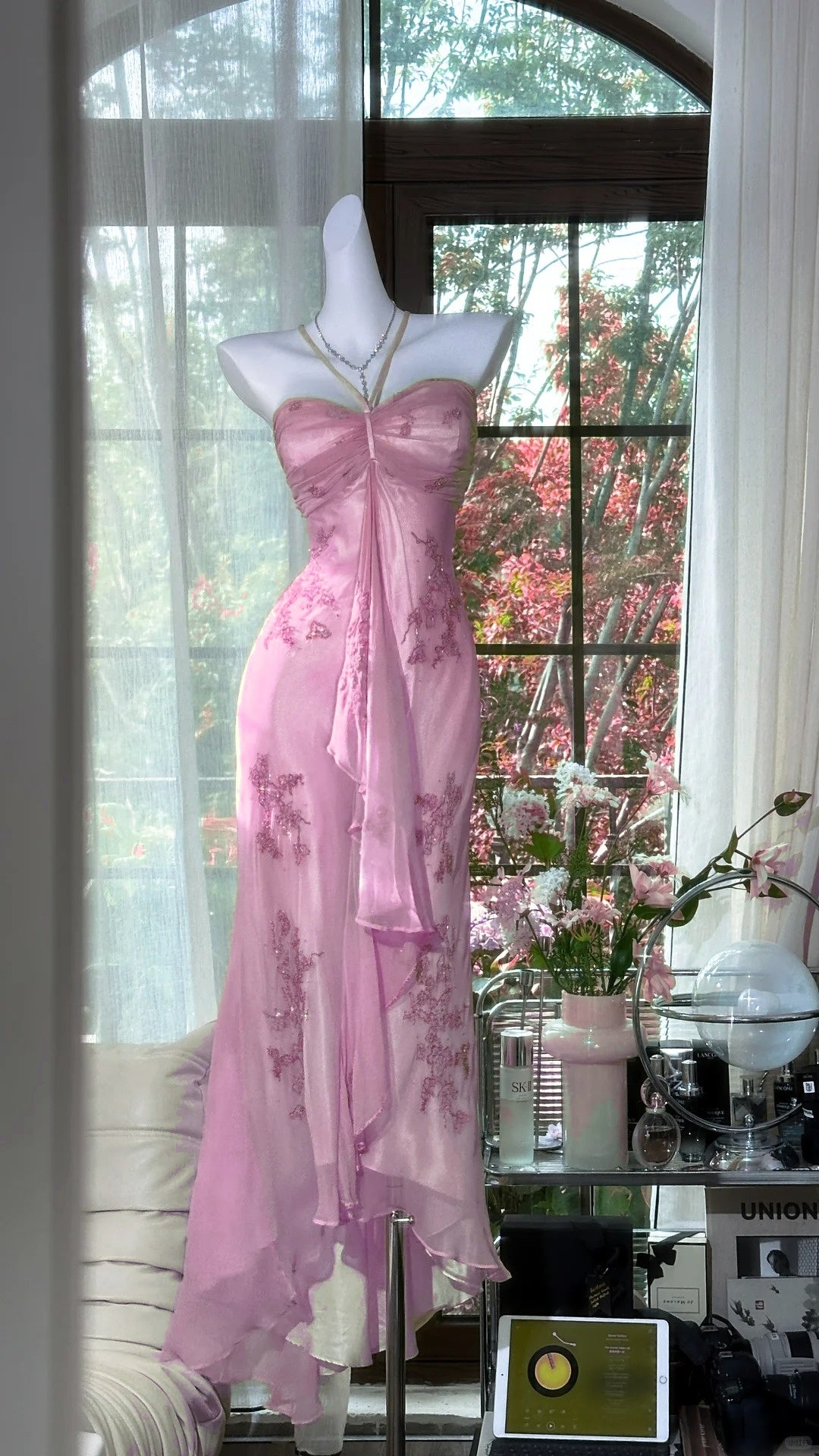 Vintage Halter Sheath Chiffon Beaded Formal Dresses, Light Green Long Prom Dresses ED03464