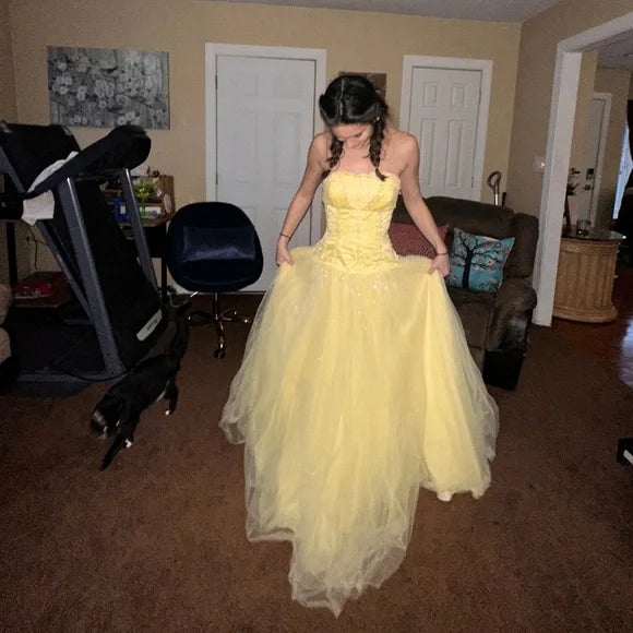 Sweet Butter Yellow Strapless Corset Tulle Long Prom Dresses Sweet 16 Dresses ED03466