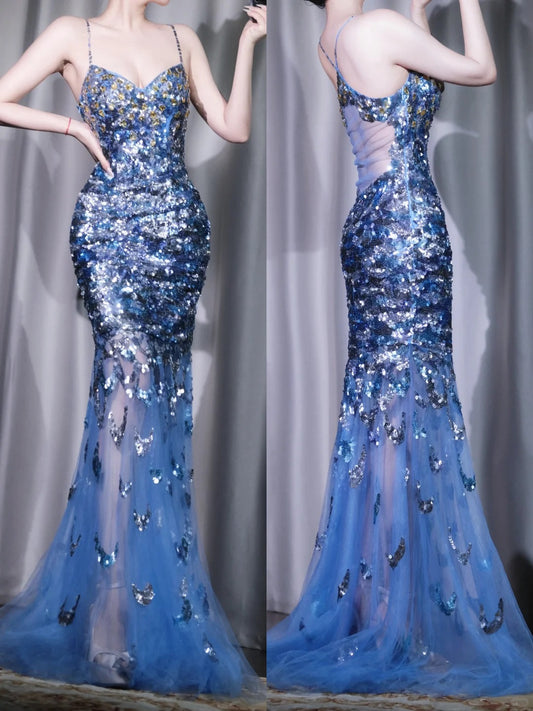 Grey Blue Elegant Spaghetti Strap Mermaid Evening Dress, Sequined Tulle Long Prom Dresses ED03468