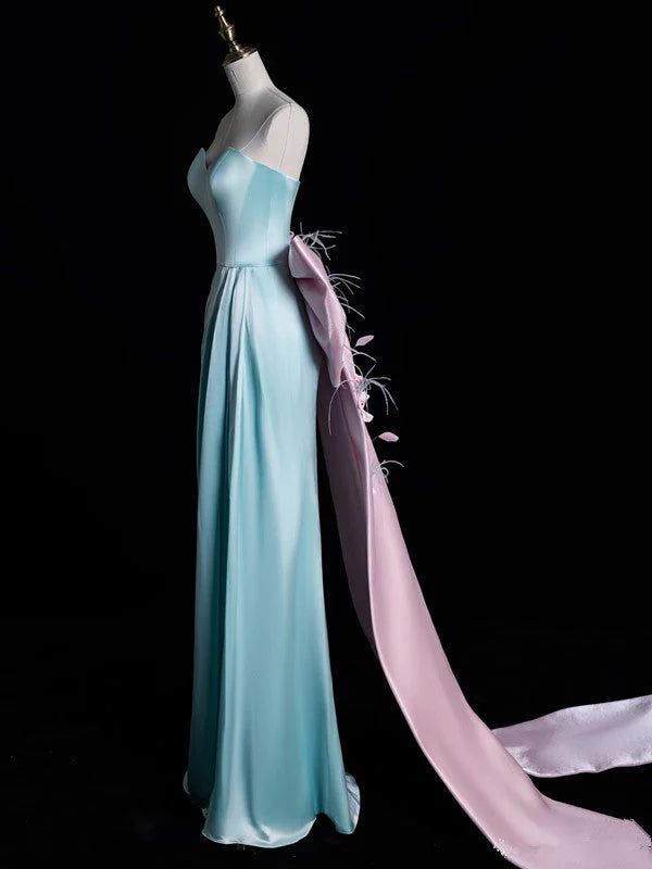 Superbe robe de soirée longue en satin fuchsia, style sirène, sans bretelles, ED02613