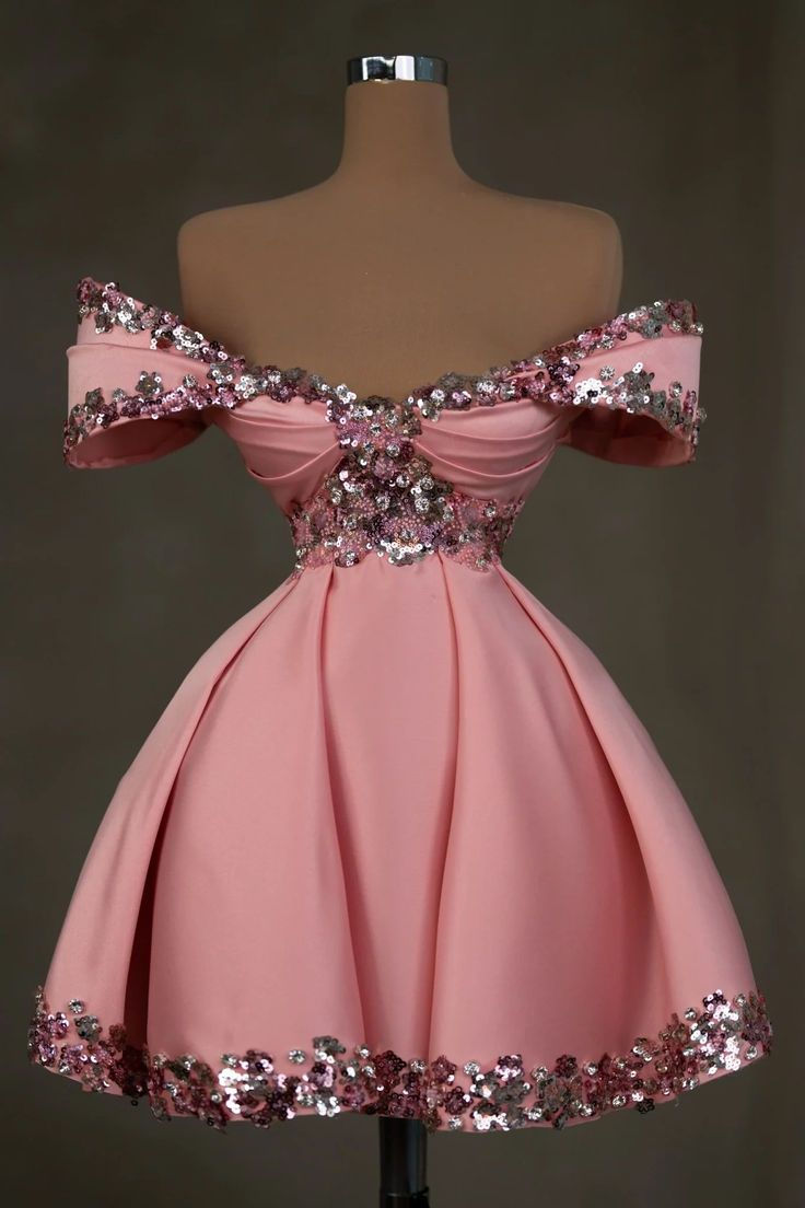 Gorgeous Pink Off-the-shoulder A-Line Satin Sequin Short Evening Gown Homecoming Dress ED03480