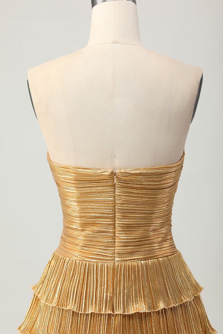 Classic Gold Strapless A-Line Tiered Satin Short Prom Dresses Glitter Homecoming Dress ED03485