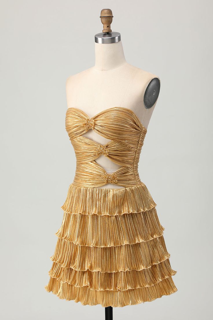 Classic Gold Strapless A-Line Tiered Satin Short Prom Dresses Glitter Homecoming Dress ED03485
