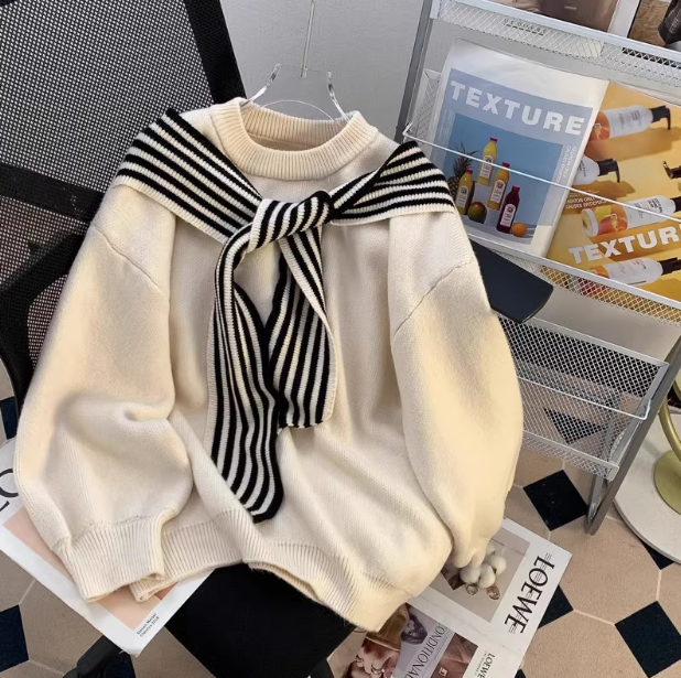 Striped Shawl Japanese Retro Red Knitted Sweater ED0349