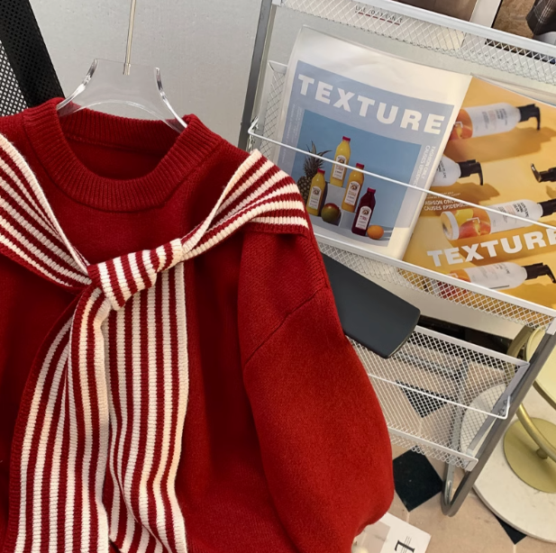 Striped Shawl Japanese Retro Red Knitted Sweater ED0349