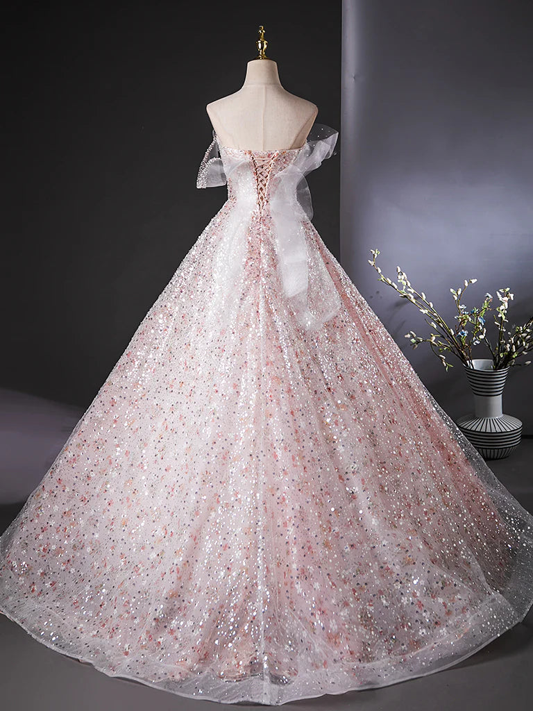 A-Line Tulle Lace Sequin Pink Long Prom Dress, Pink Long Graduation Dress ED035