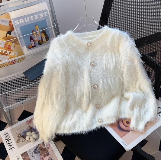 Faux Mink Velvet Round Neck Chanel Style Soft Waxy Knitted Cardigan ED0354