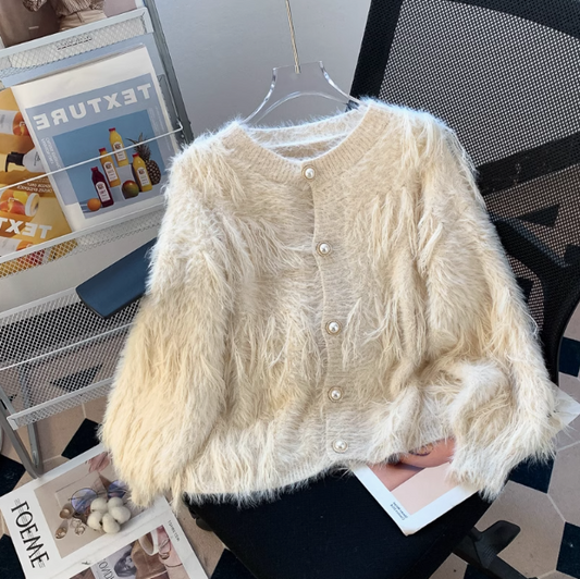 Faux Mink Velvet Round Neck Chanel Style Soft Waxy Knitted Cardigan ED0354