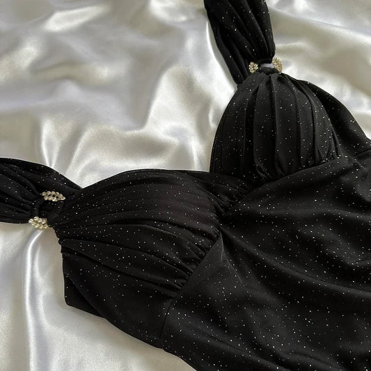 Glitter Black Sweetheart Neck Bodycon Birthday Dresses Ruffle Chiffon Formal Dresses Party Dress ED03551