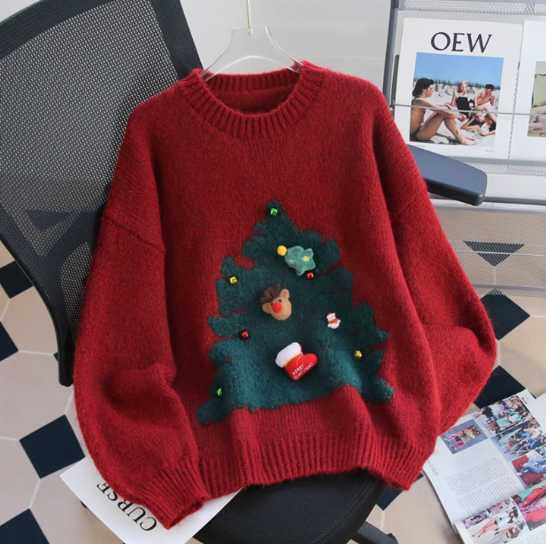 Christmas atmosphere red round neck knitted sweater ED0356