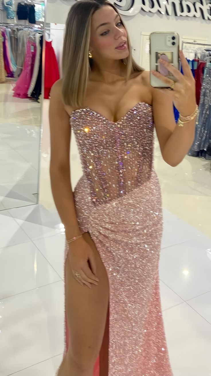 Modest Pink Sweetheart Sheath Evening Gowns Sparkly Sequin Slit Prom Dresses Wedding Guest Dress ED03581