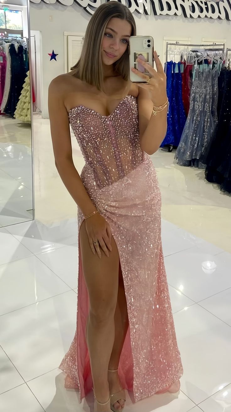 Modest Pink Sweetheart Sheath Evening Gowns Sparkly Sequin Slit Prom Dresses Wedding Guest Dress ED03581