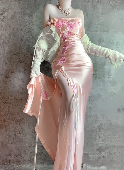 Superbe robe de soirée longue en satin fuchsia, style sirène, sans bretelles, ED02613